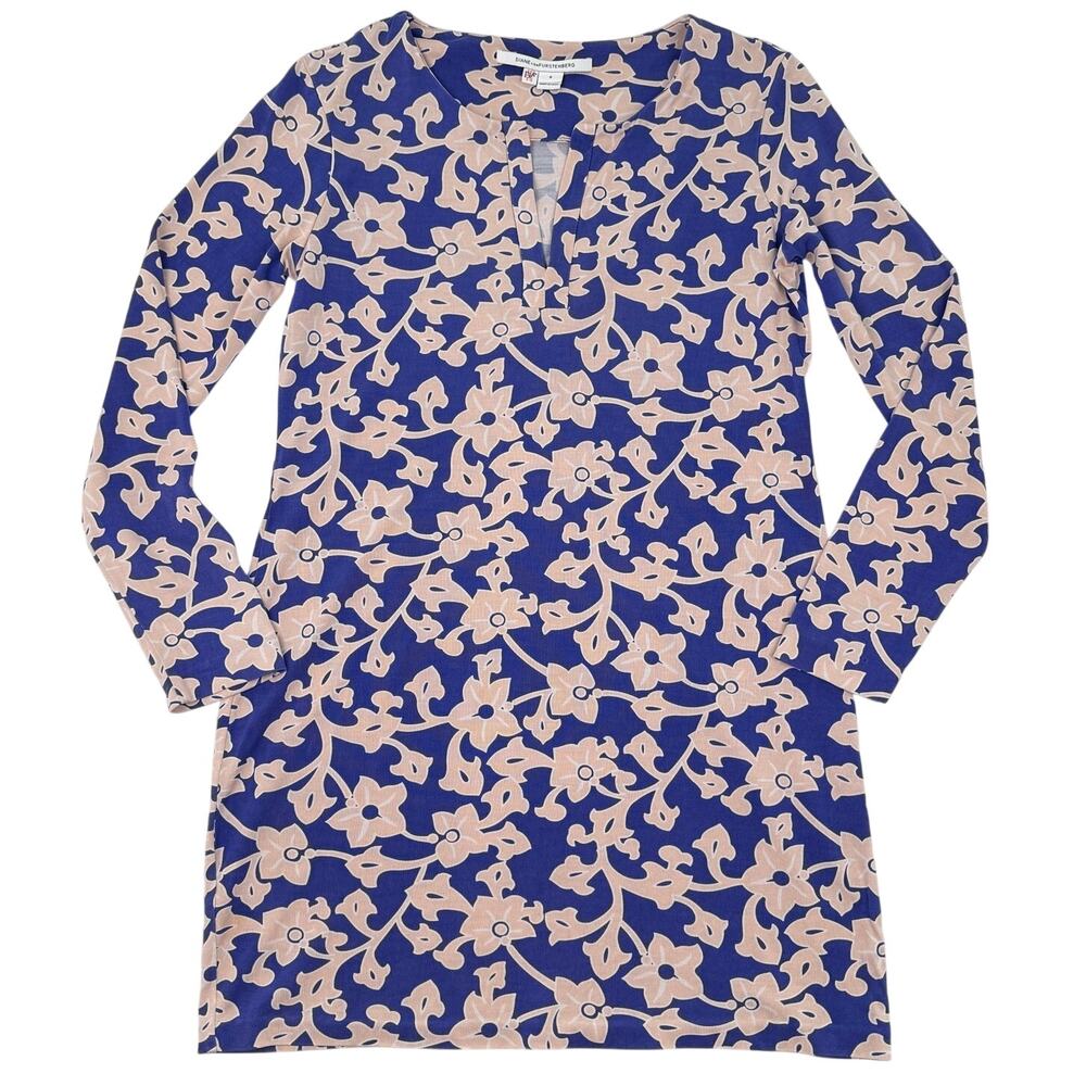 Diane von Furstenberg DVF Silk Jersey Floral Shift Dress Blue Pink Size 8